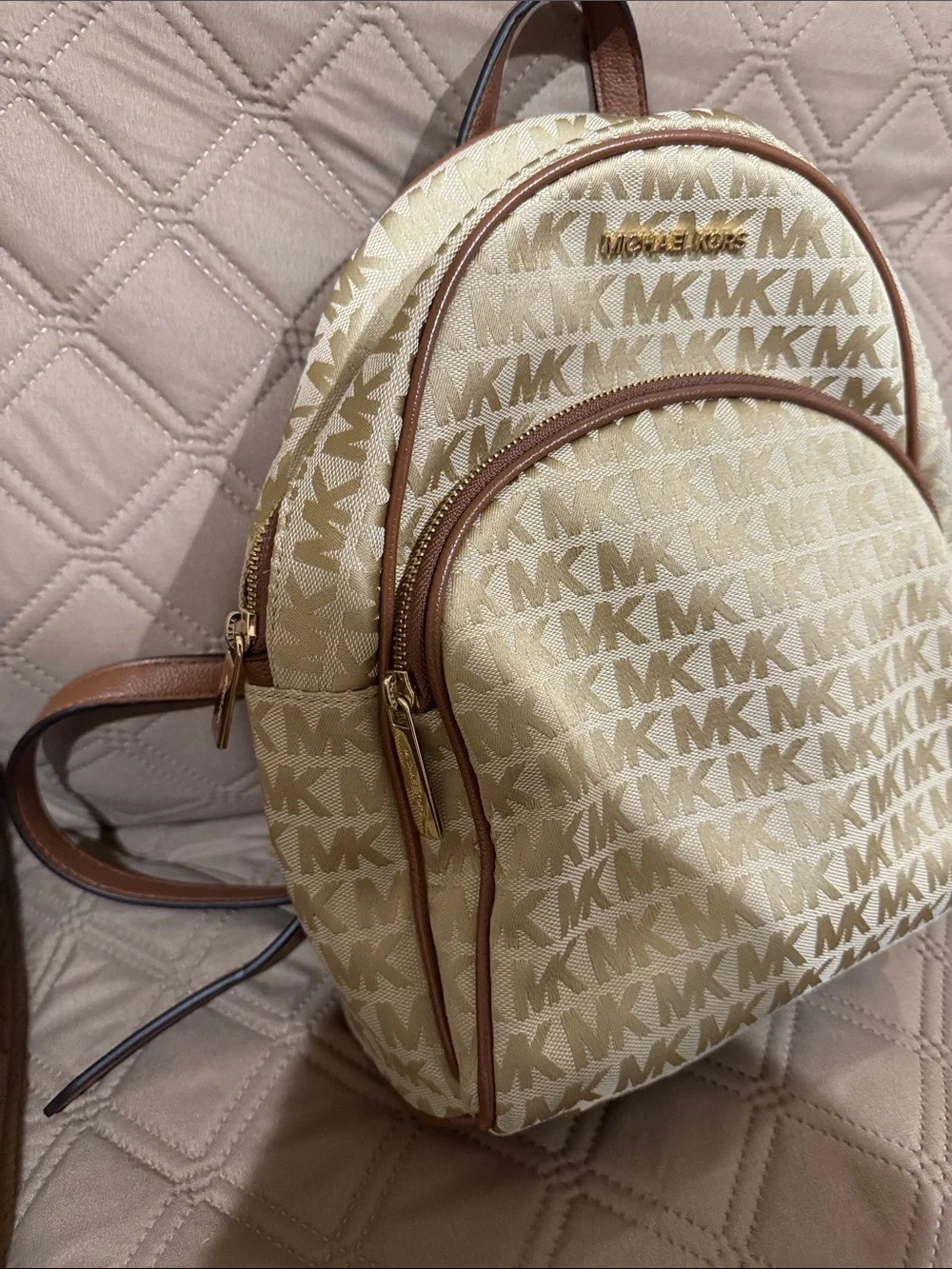 Michael Kors Beige and Brown MK Logo Mini Backpack
